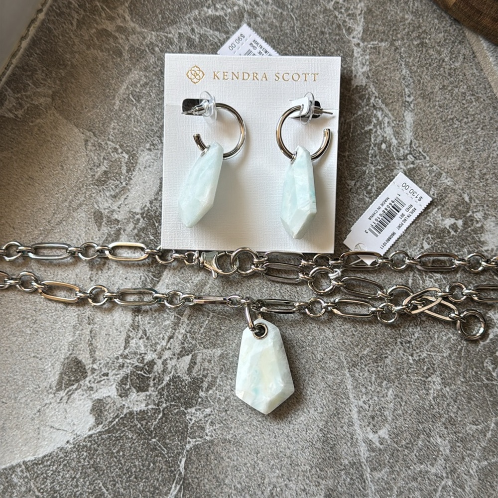Kendra Scott Ashlyn Long Pendant Necklace Earrings Set Silver Teal Quartzite - Picture 6 of 10